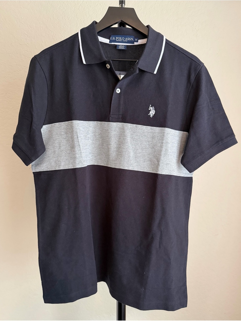 U.S. Polo Assn. Black Polo with Light Gray Chest Stripe